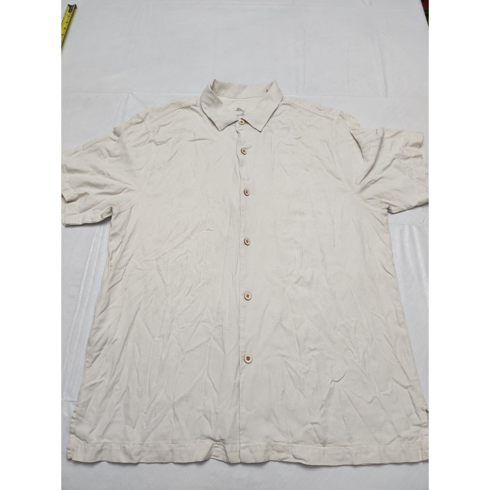 Tommy Bahama Shirt Mens XL Beige Silk Floral Jacquard Button Up Camp Casual TB93